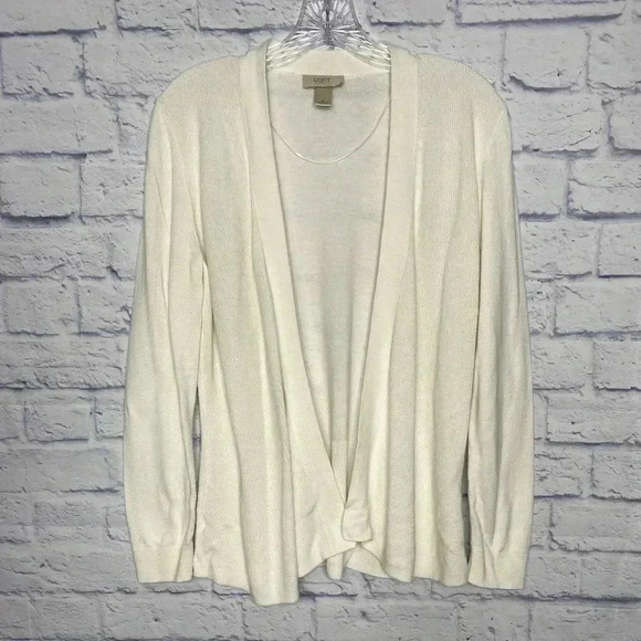 Ann Taylor Loft White Ribbed Open Cardigan Sweater - Picture 2 of 6